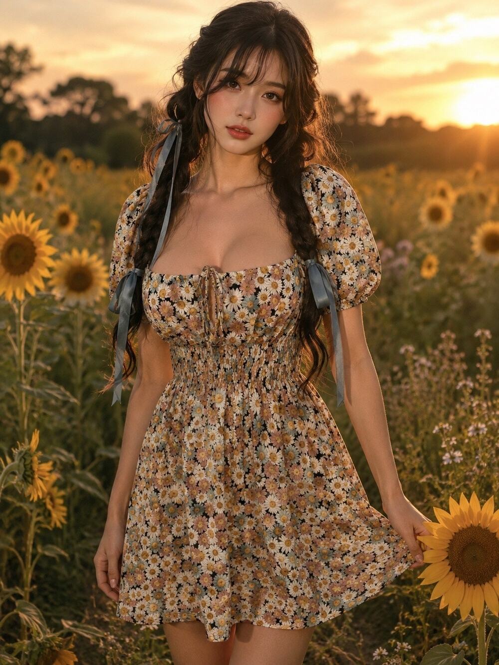 Lost in the Meadow blooming floral sweetheart gathered flowy boho dress Sm
